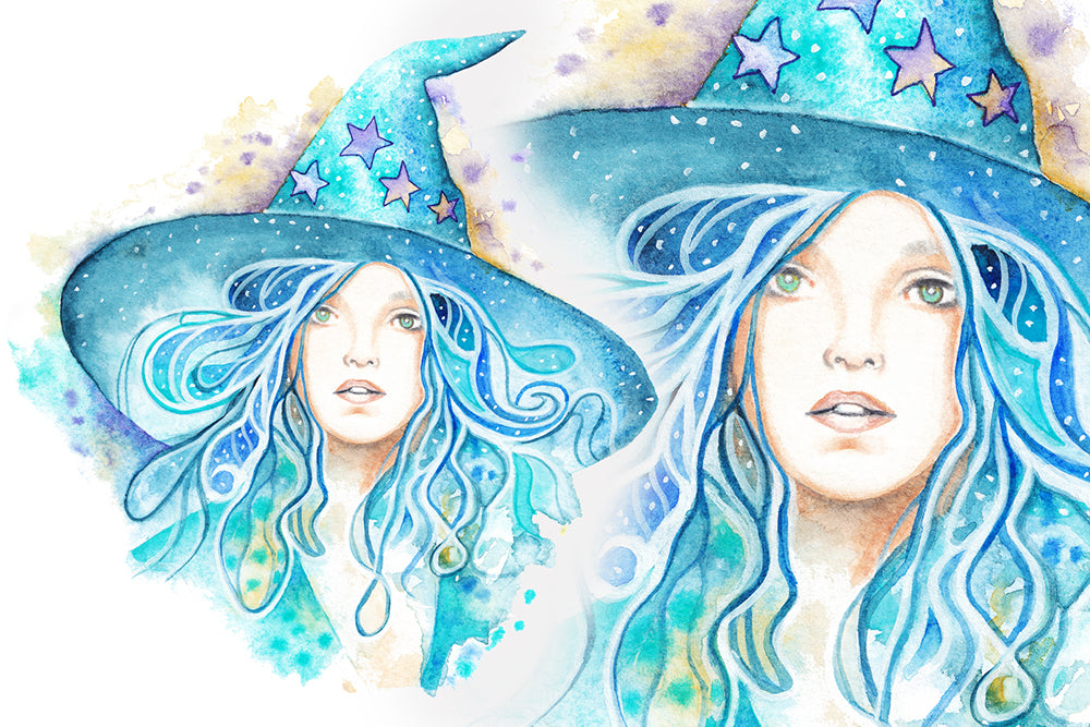 Artistic illustration of a witchy woman with a blue witch hat and star decorations. Wiccan, pagan clipart instant download from hand-painted watercolor paintings. Great for journals pagan products, book of shadows and creating your own witch gifts. 