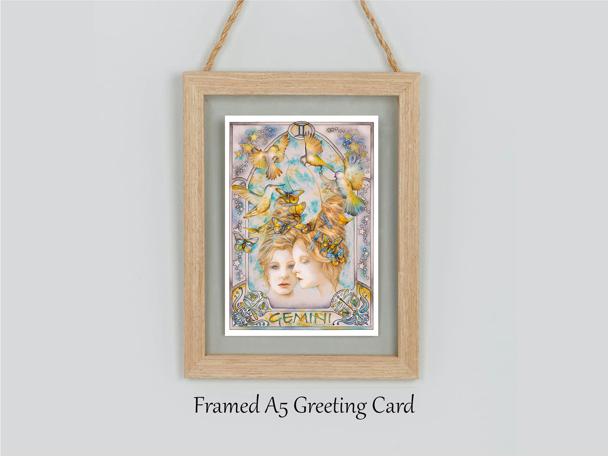 Gemini Star sign Birthday framed Card. Zodiac Celestial Art Nouveau watercolor art folded cards.