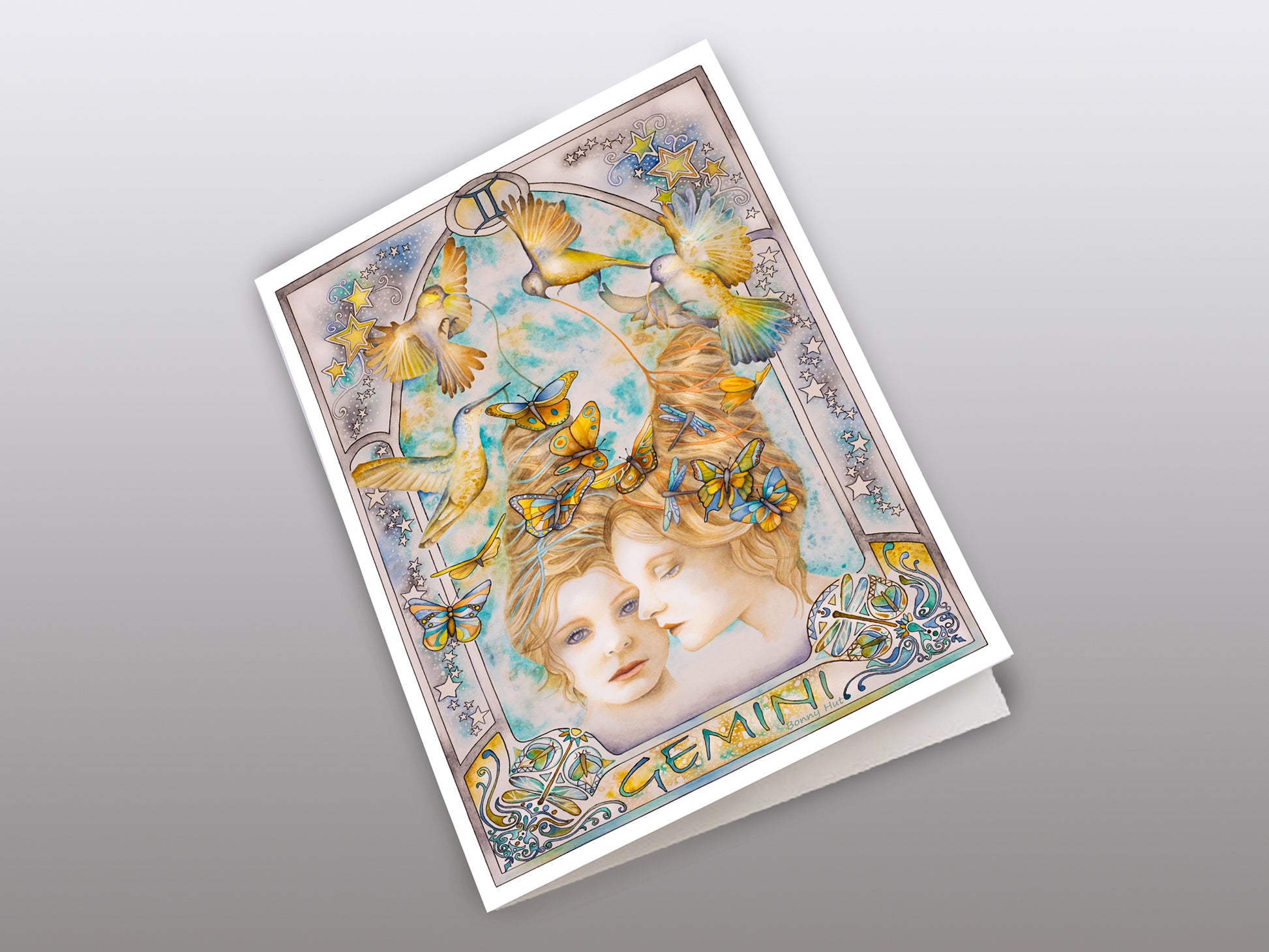 Gemini Star sign Birthday Card. Zodiac Celestial Art Nouveau watercolor art folded cards. Front of the card. 