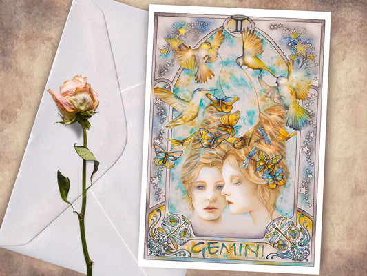 Gemini Star sign Birthday Card. Zodiac Celestial Art Nouveau watercolor art folded cards.