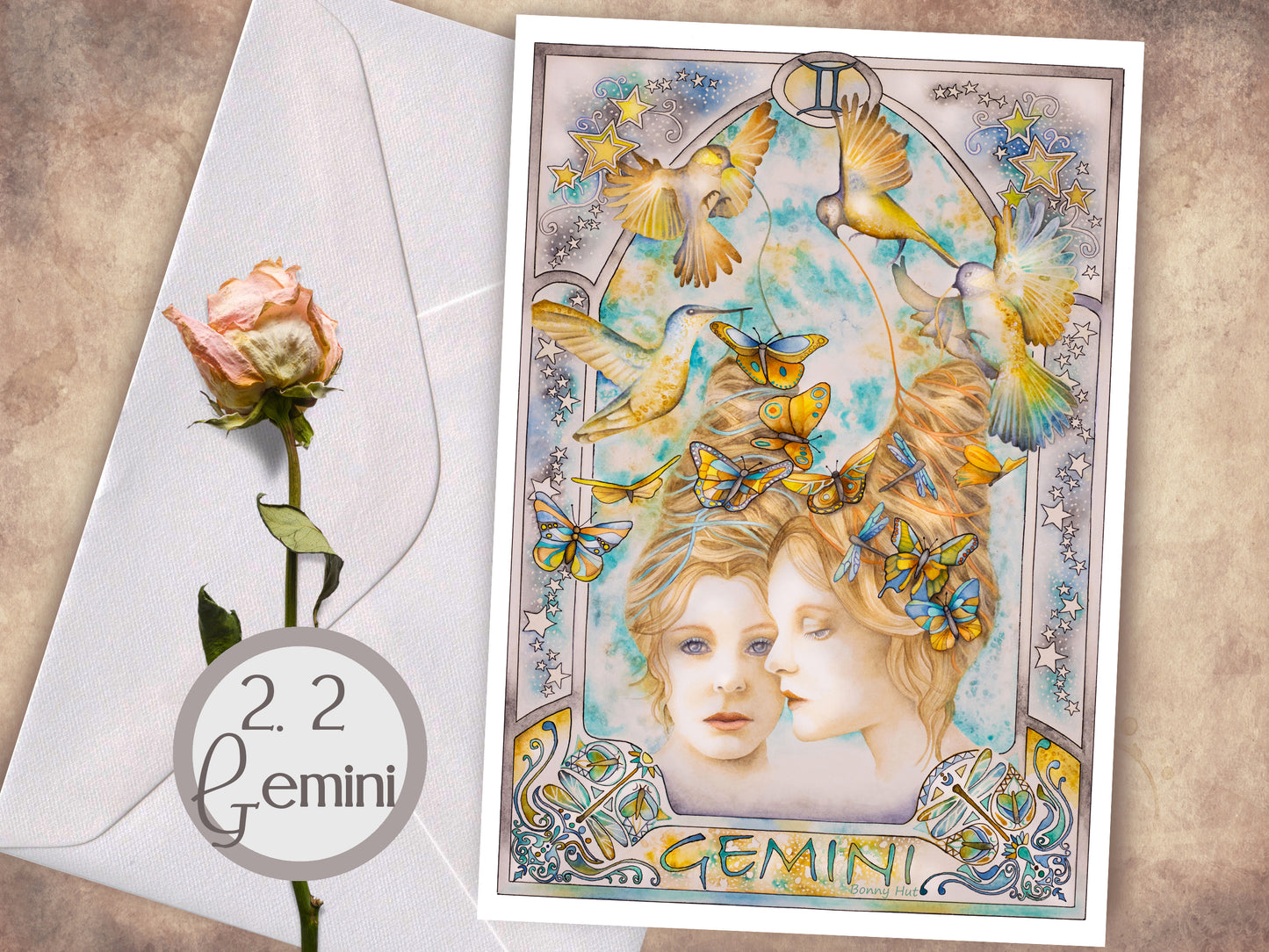 Gemini - 12 Star sign Birthday Card set. Zodiac Celestial Art Nouveau watercolor art folded cards pack or mixed option to choose from. 