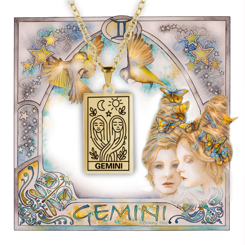 Gemini birthday gift necklace-pendant, Zodiac star-sign jewellery with beautiful watercolor border art