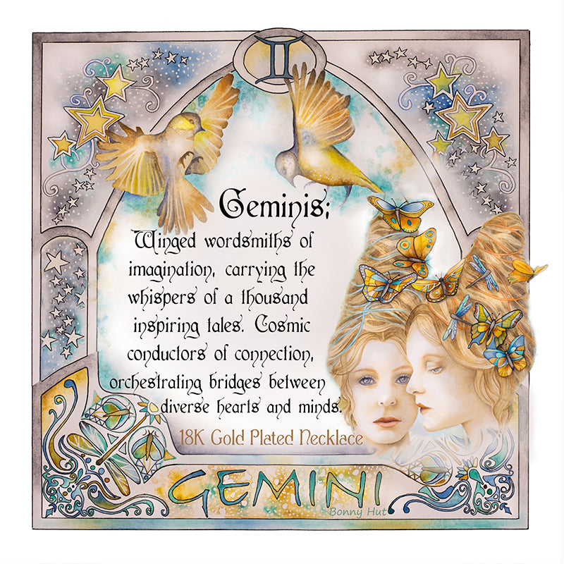 Gemini birthday gift necklace-pendant, Astrology Zodiac star-sign jewellery with quote phrase and beautiful watercolor border art