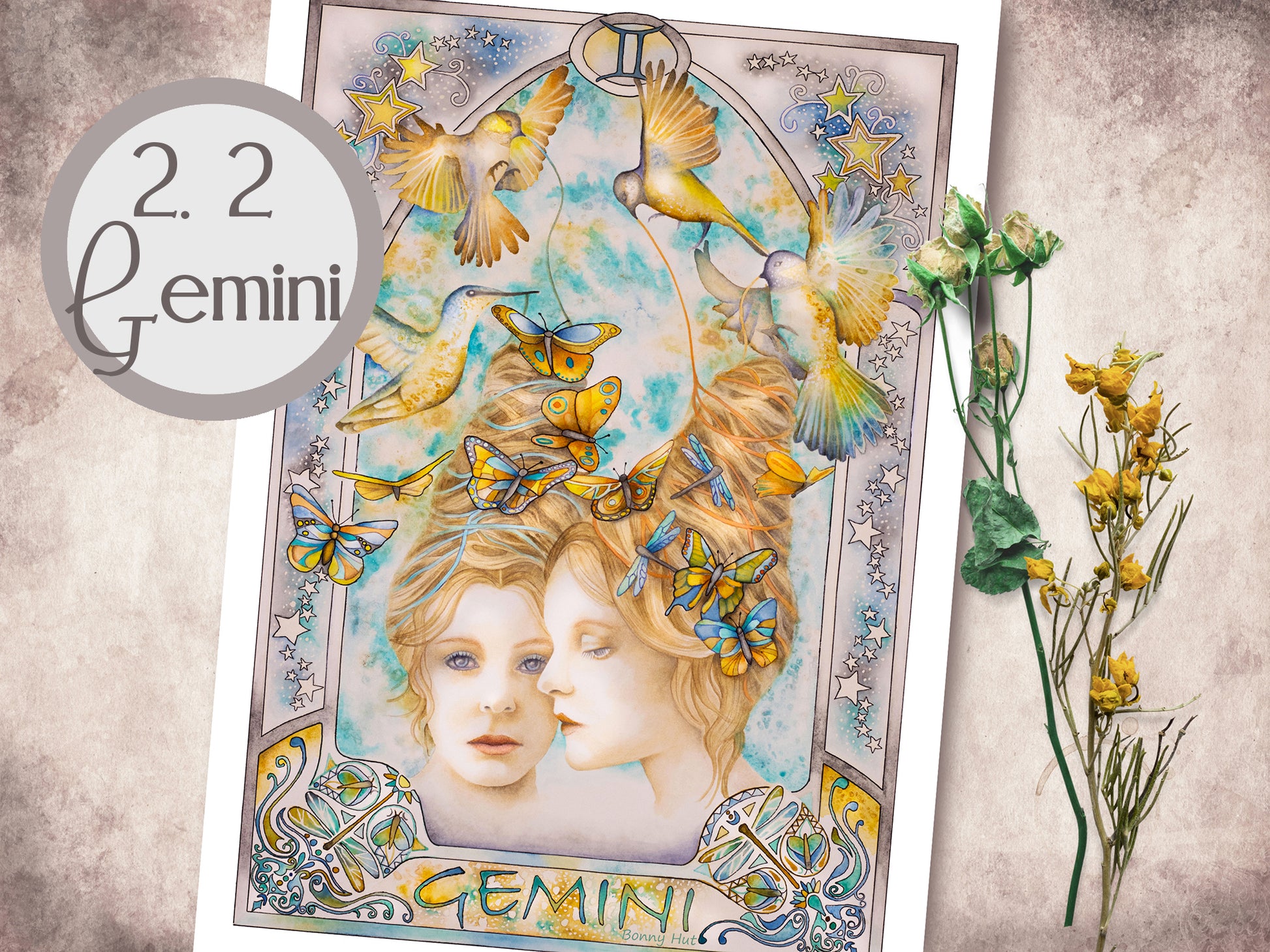 Gemini Celestial watercolor wall art prints for sale, Art Nouveau Zodiac Star Sign birthday gifts from our Metaphysical store.