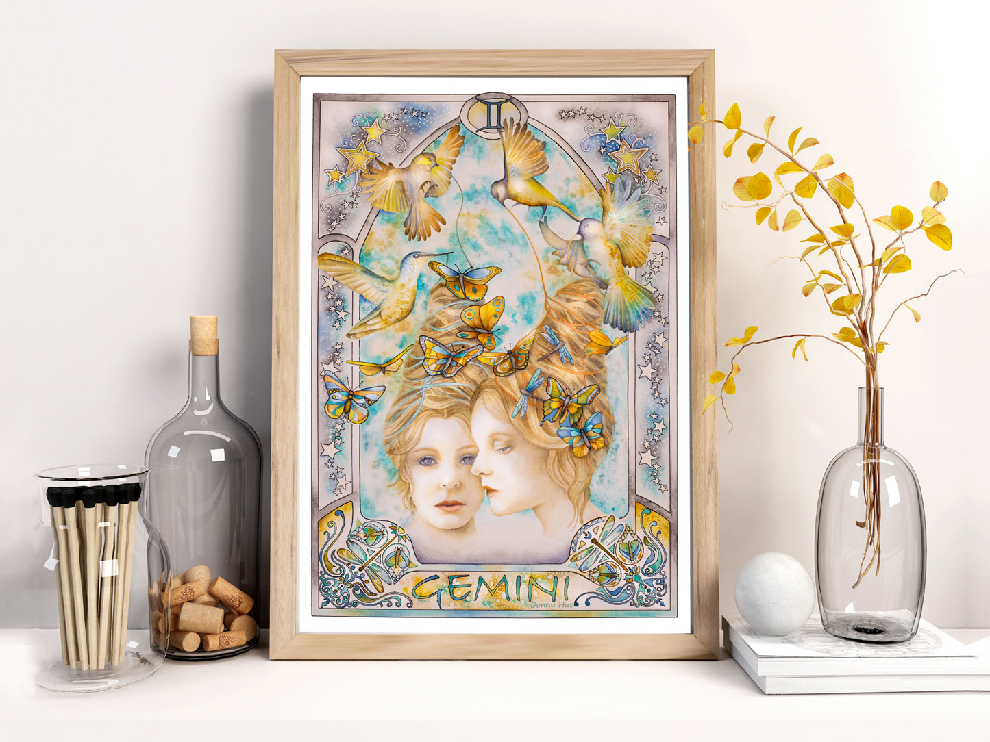 Gemini watercolor wall art prints, Framed Art Nouveau Zodiac Star Sign birthday gifts from our Metaphysical store.