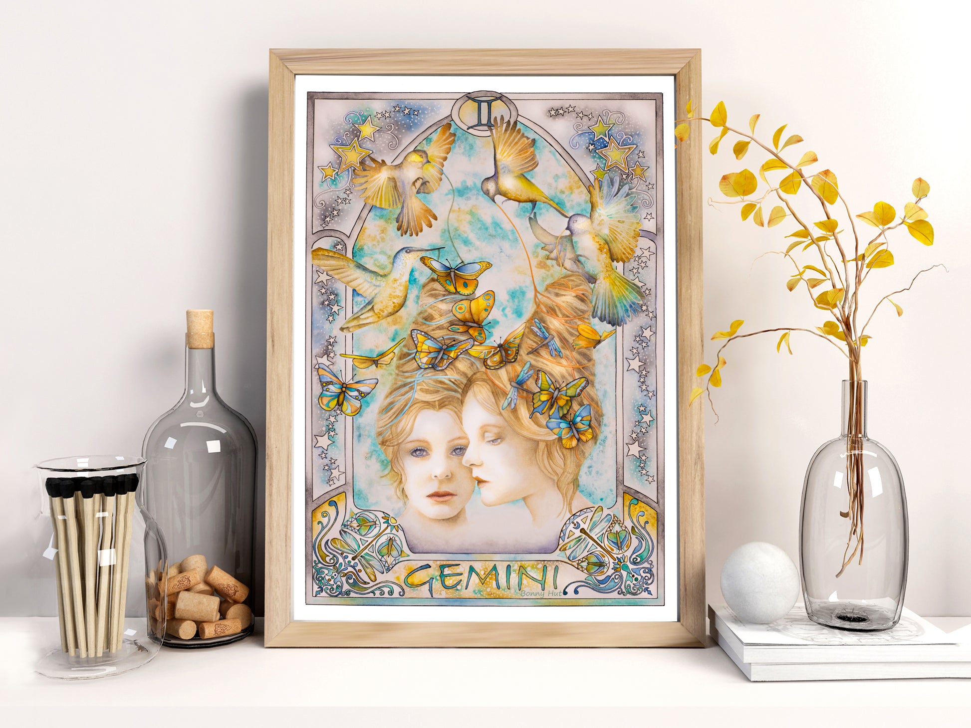 Gemini watercolor wall art prints, Framed Art Nouveau Zodiac Star Sign birthday gifts from our Metaphysical store.