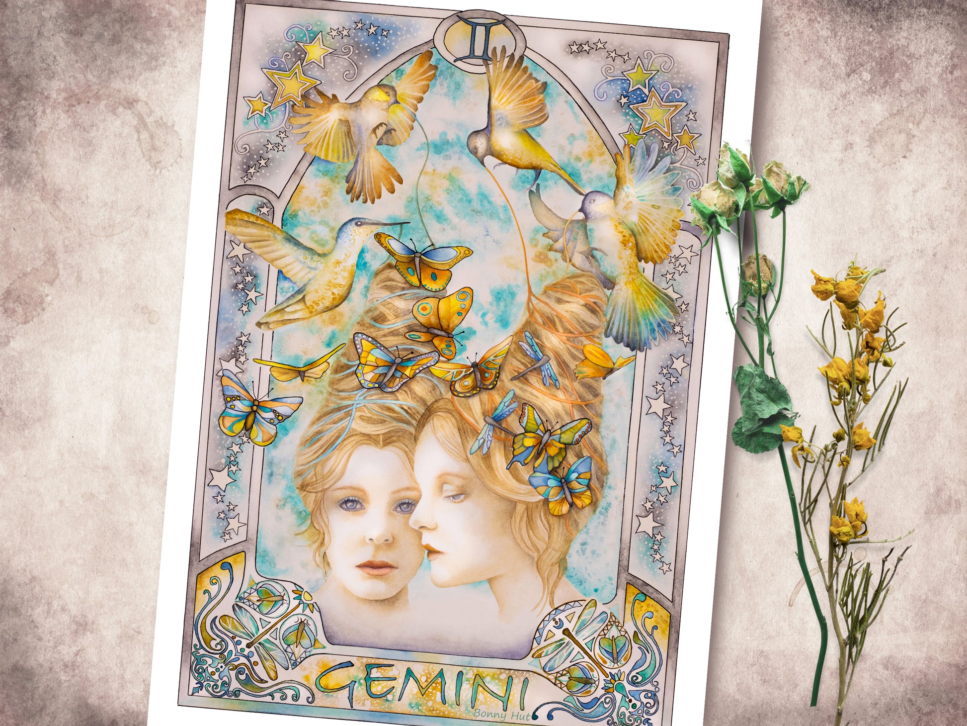 Gemini watercolor wall art prints, Art Nouveau Zodiac Star Sign birthday gifts from our Metaphysical store.