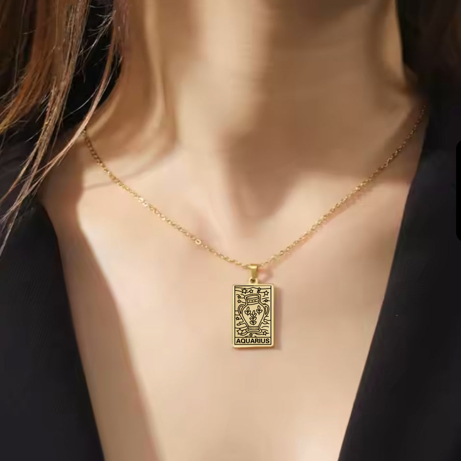Aquarius birthday gift necklace-pendant, Zodiac star-sign jewellery gifts from our Melbourne Metaphysical store. Unique astrological celestial, esoteric, spiritual gift for the Aquarian in your life. This model is wearing the necklace around her neck. 