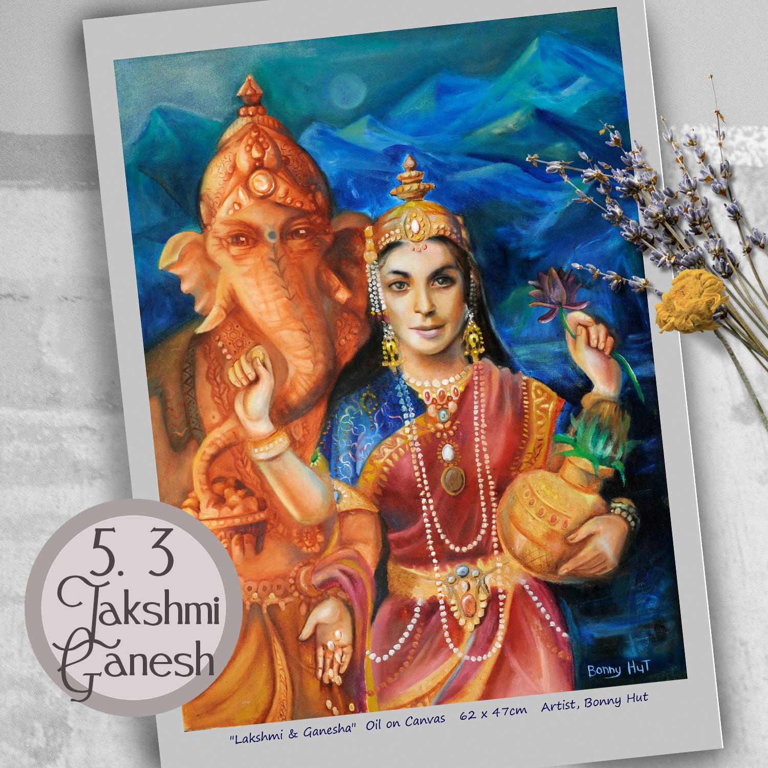 Lakshmi and Ganesh. A3 Spiritual - Pagan Art Prints Bulk quantities. Esoteric decor and witchy gifts. Reproduced from original oil paintings from our online Metaphysical store.