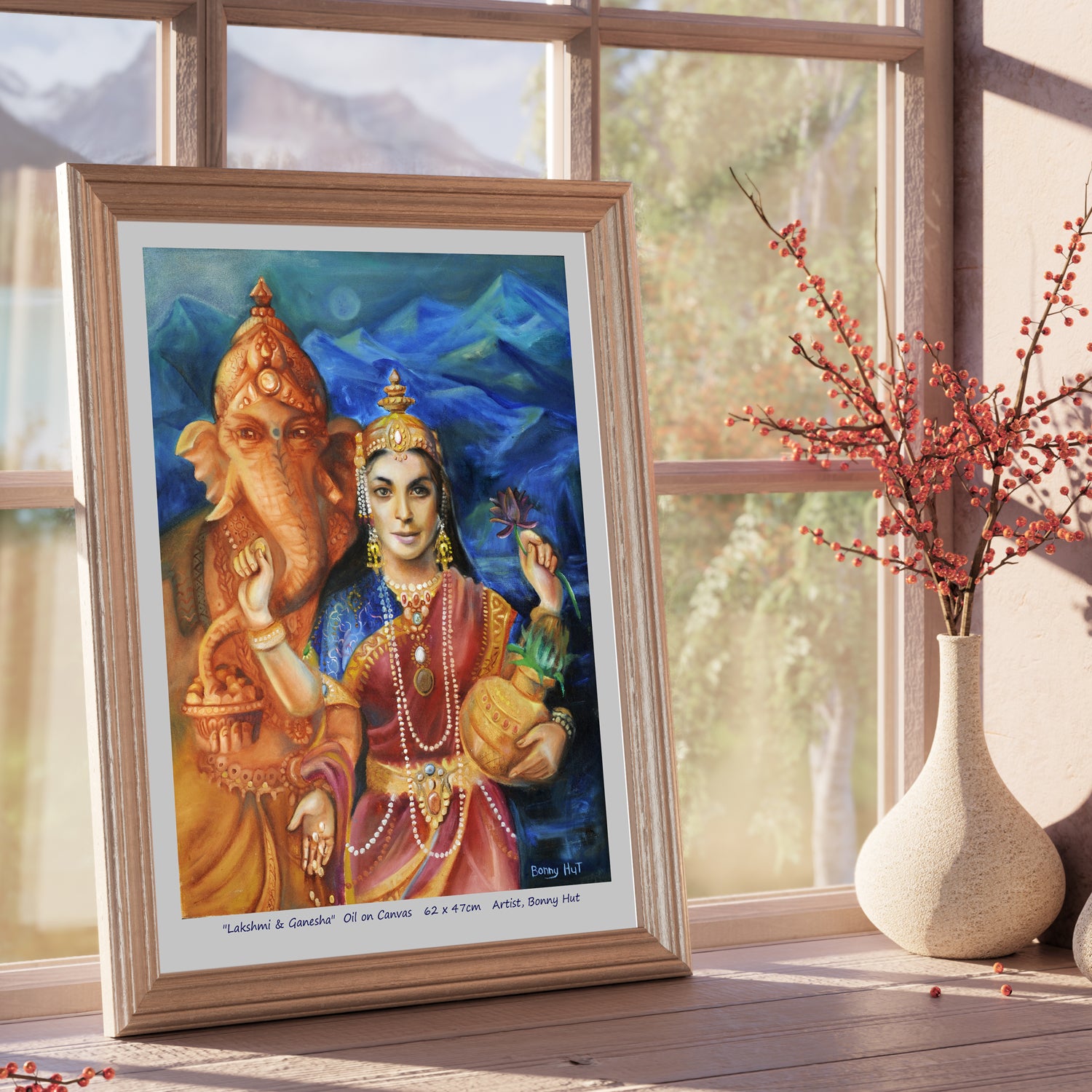 Lakshmi and Ganesh wall Art Print, Hindu mythology. Goddess of prosperity and beauty. Elephant God who is the remover of opstacles. Reproduced from an original oil painting. Framed print on table. 