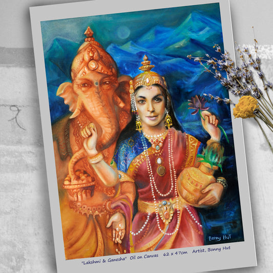 Lakshmi and Ganesh wall Art Print, Hindu mythology. Goddess of prosperity and beauty. Elephant God who is the remover of opstacles. Reproduced from an original oil painting. 