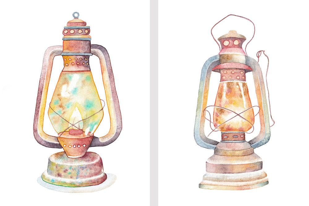 Two colorful lanterns with a glowing interior on a white background. Wiccan, pagan clipart instant download from hand-painted watercolor paintings. Great for journals pagan products, book of shadows and creating your own witch gifts. 
