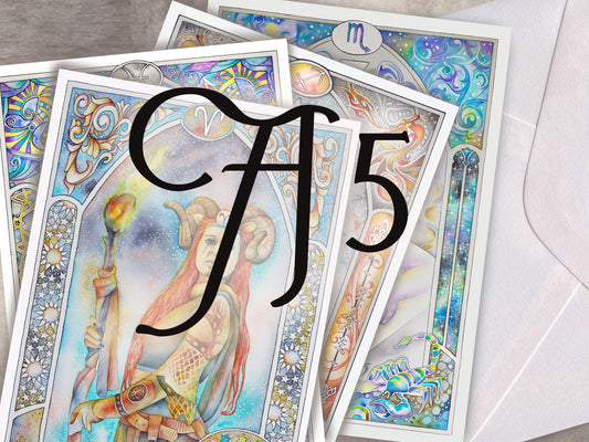 Large A5 size 12 Star sign Birthday Card set. Zodiac Celestial Art Nouveau watercolor art folded cards pack or mixed option to choose from. 