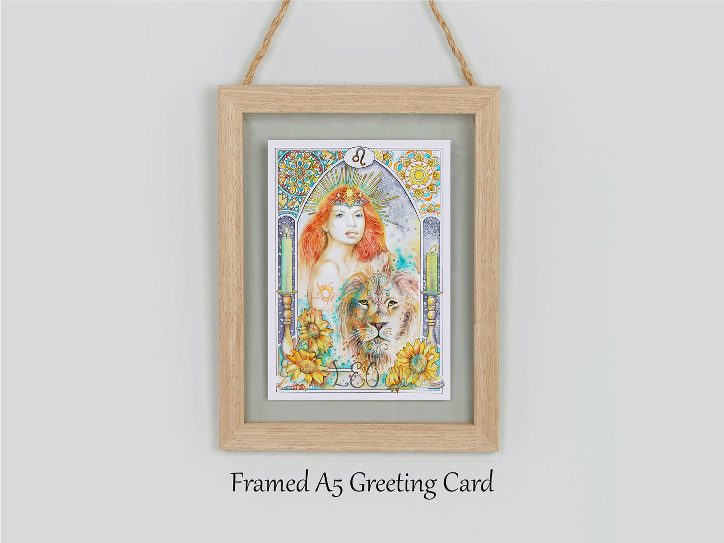 Leo Star sign Birthday Card. Zodiac Celestial Art Nouveau watercolor art framed card.