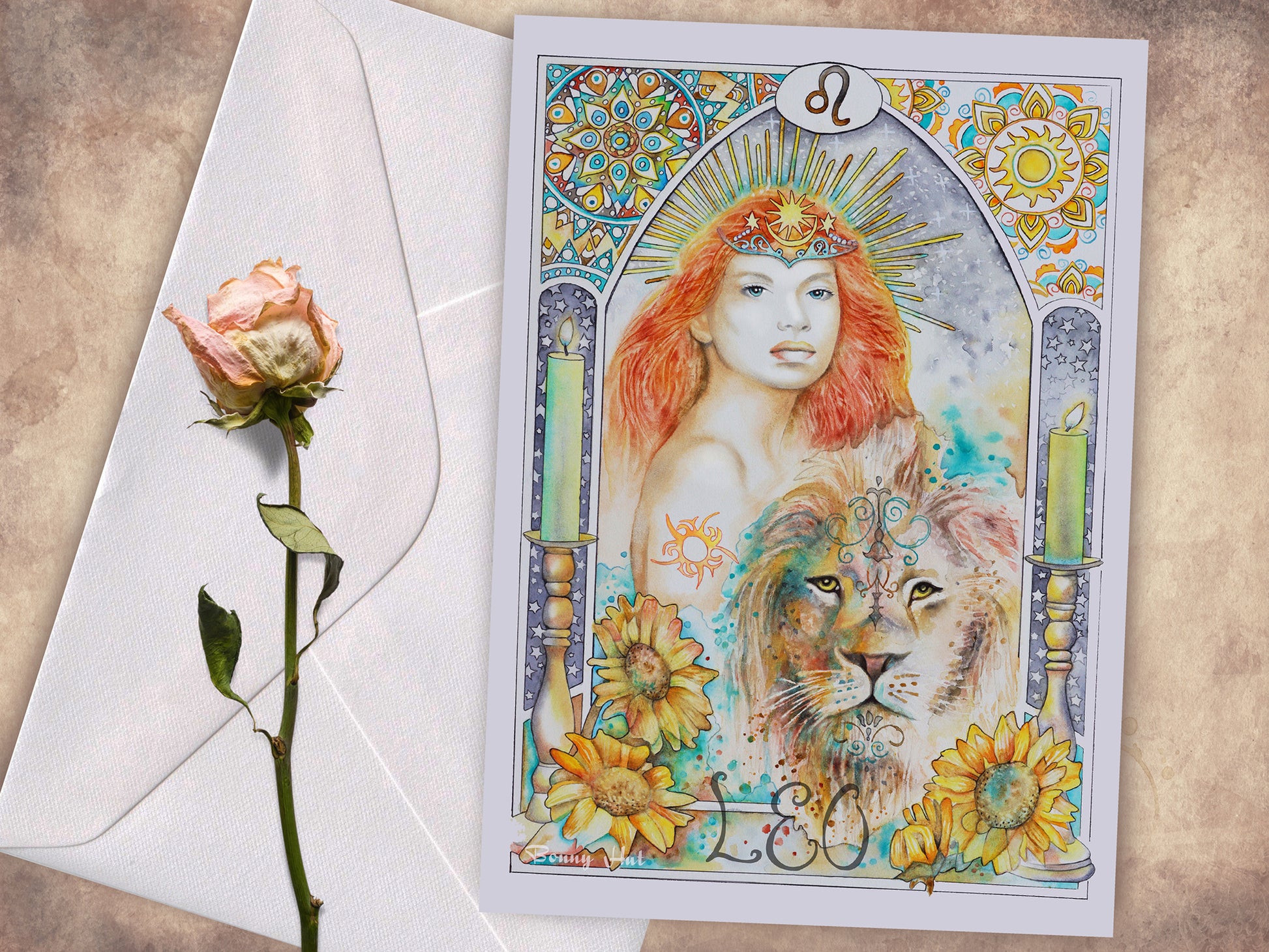 Leo Star sign Birthday Card. Zodiac Celestial Art Nouveau watercolor art folded cards.