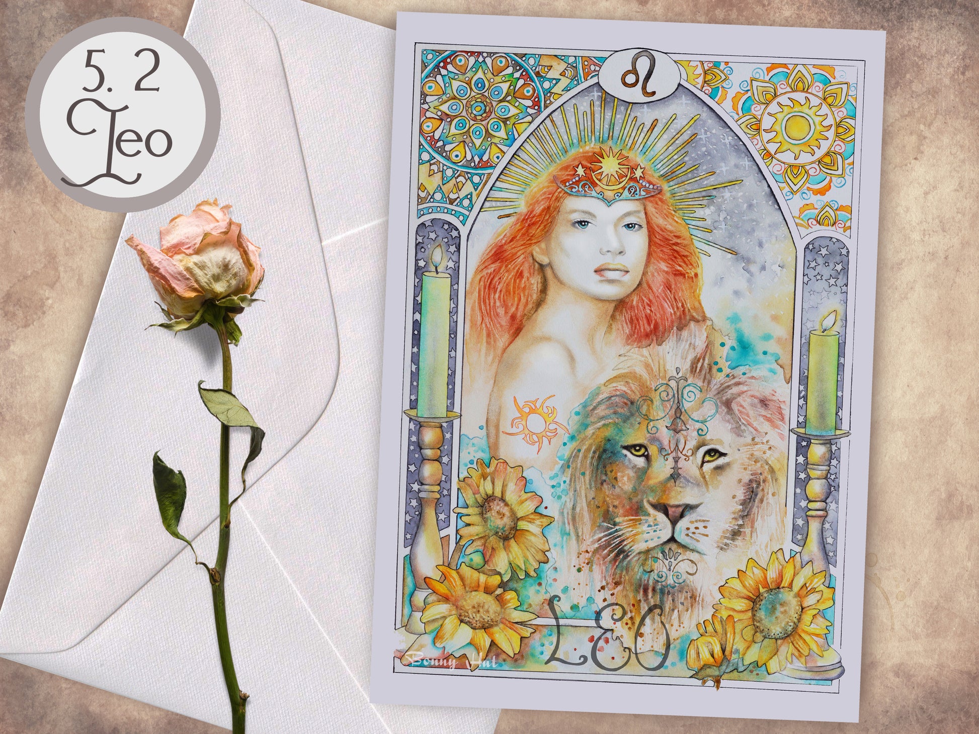 Leo - 12 Star sign Birthday Card set. Zodiac Celestial Art Nouveau watercolor art folded cards pack or mixed option to choose from. 