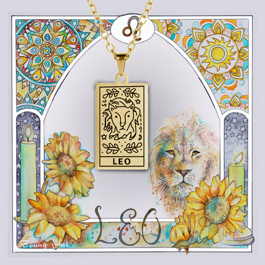 Leo birthday gift necklace-pendant, Zodiac star-sign jewellery with beautiful artwork sunflowers and lion