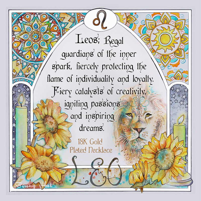 Leo birthday gift necklace-pendant, Astrology Horoscope Zodiac star-sign jewellery with impirational poem and quote shown in beautiful art nouvea watercolor border