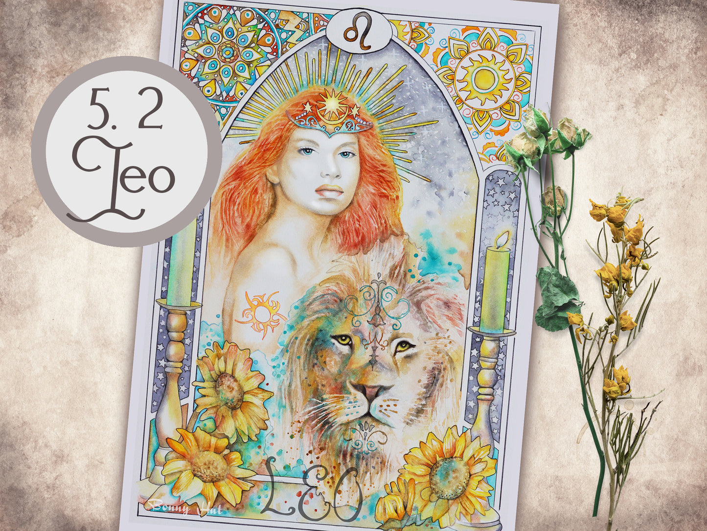 Leo Celestial watercolor wall art prints for sale, Art Nouveau Zodiac Star Sign birthday gifts from our Metaphysical store.