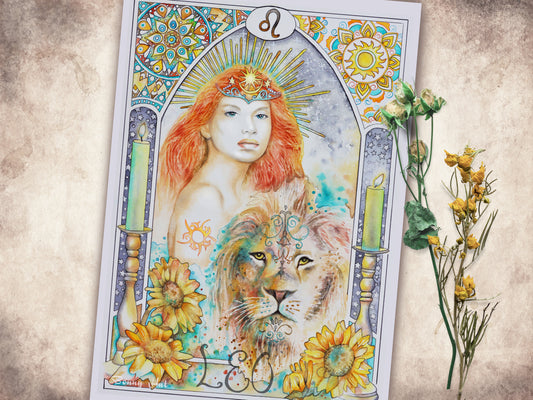 Leo watercolor wall art prints, Art Nouveau Zodiac Star Sign birthday gifts from our Metaphysical store with the Sun Goddess and her lion. Focusing on the element of fire. 