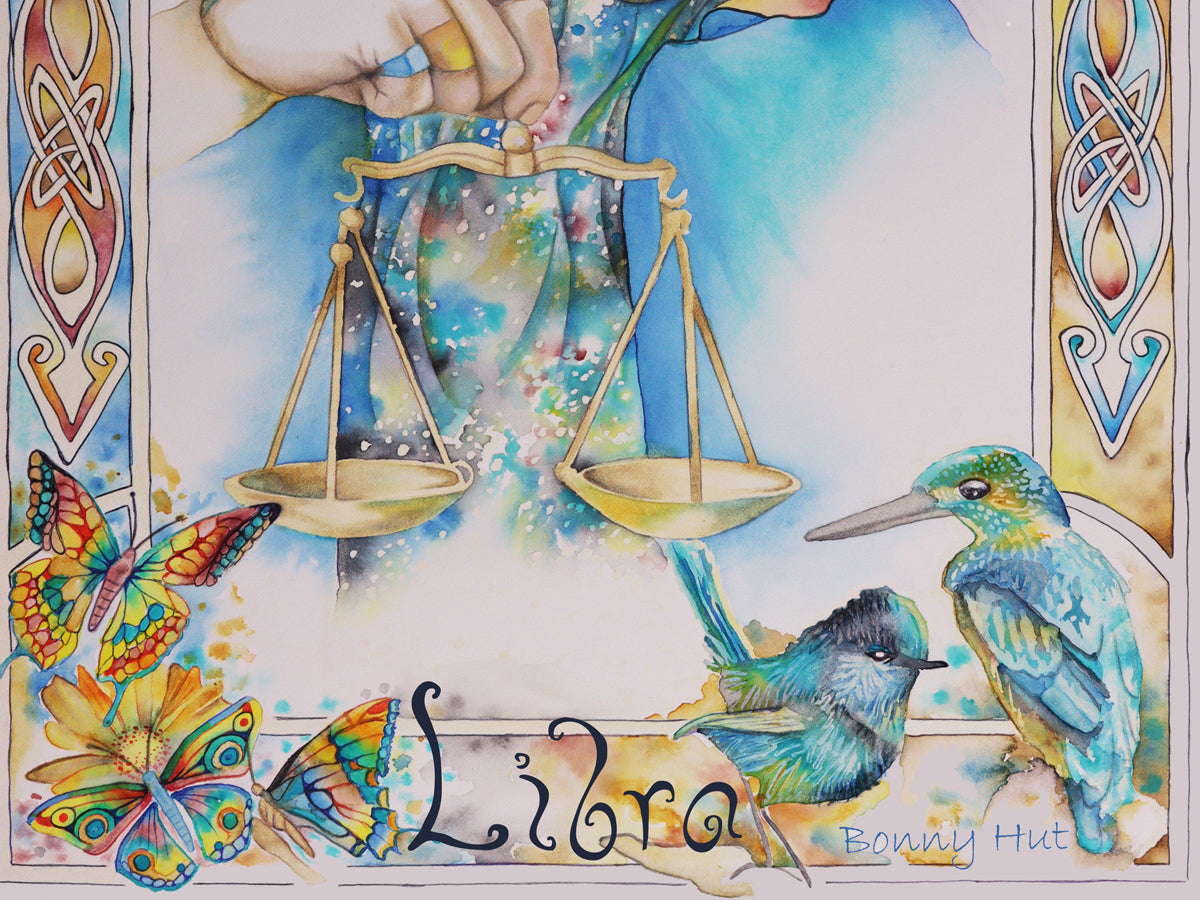 Libra Star sign Birthday Card. Zodiac Celestial Art Nouveau watercolor art folded card with a focus on the element of air. This is a detail of birds, butterflies and balancing scales. 