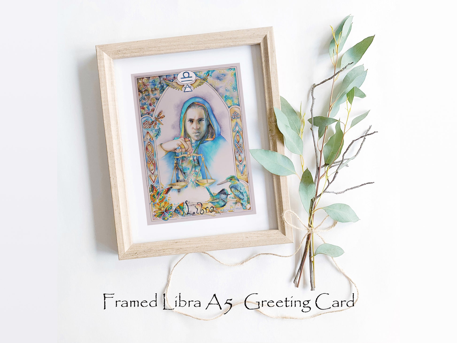 Libra Star sign Birthday Card. Zodiac Celestial Art Nouveau watercolor art folded card in a frame.