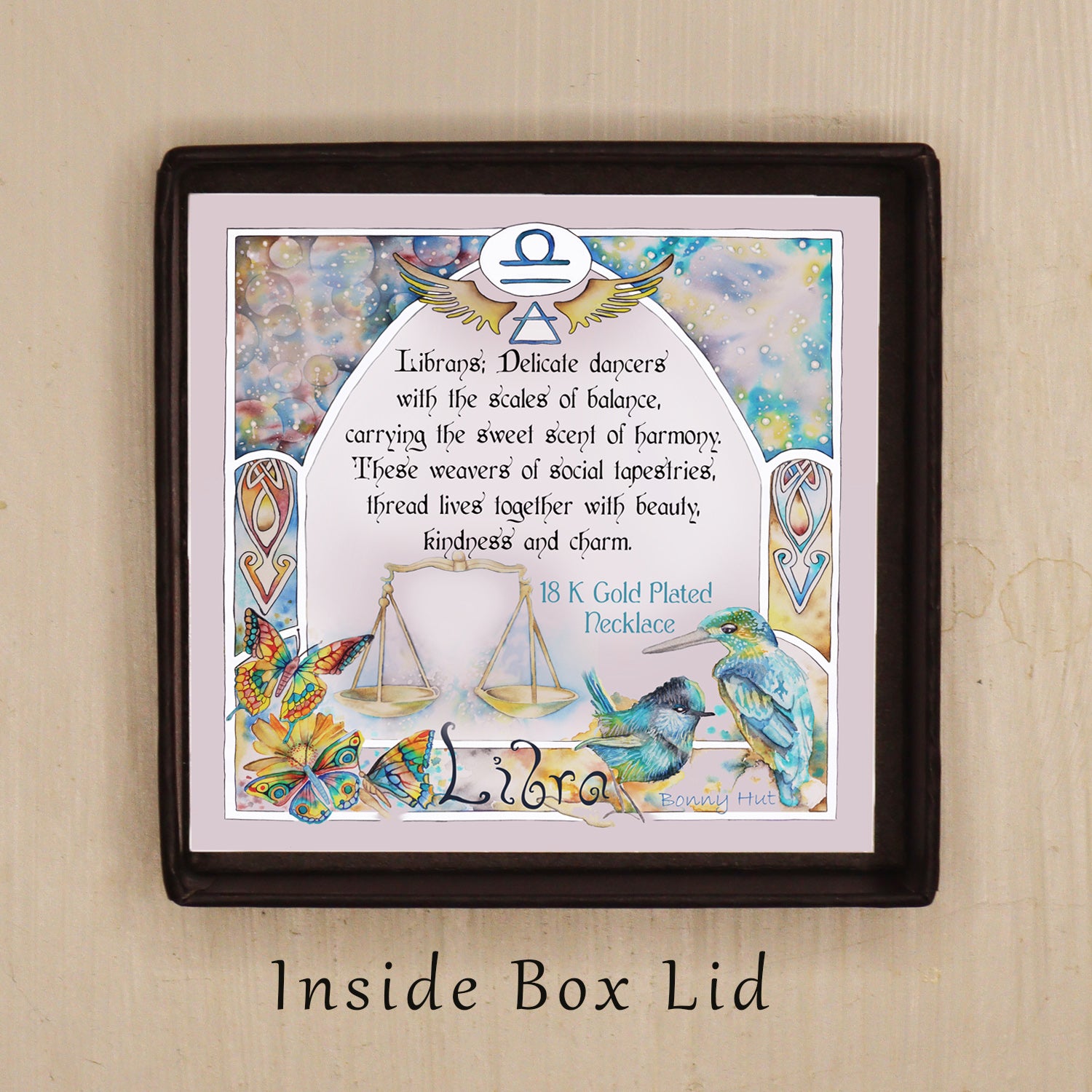 Libra birthday gift necklace-pendant, Zodiac star-sign jewellery for Astrology lovers and spiritual esoteric gifts. Great spiritual esoteric gift for her with an inpirational quote phrase with watercolor border art