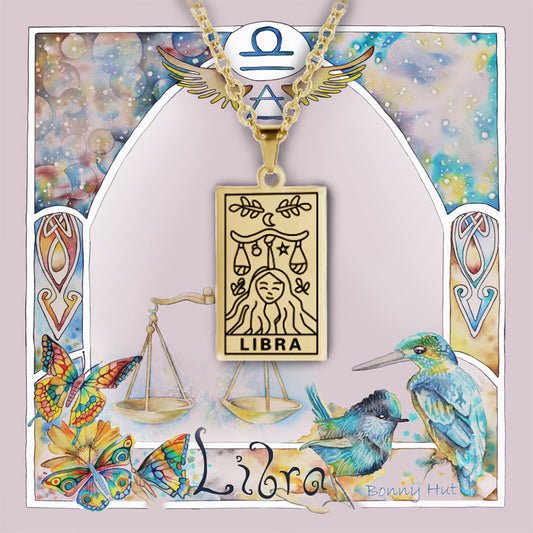 Libra birthday gift necklace-pendant, Zodiac star-sign jewellery for Astrology lovers. Shown here with a watercolor border