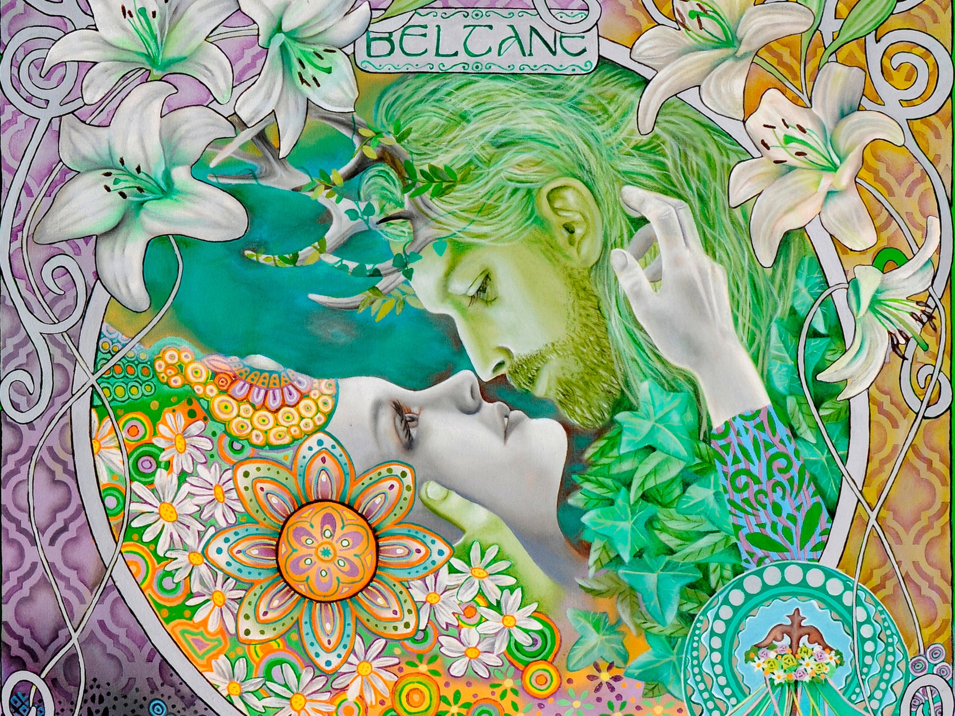 Beltane art nouveau inspired greeting cards framed - Wiccan Wheel of the Year Pagan Sabbat  for weddings and Handfastings with portraits of the May Queen and Greenman oil painting
