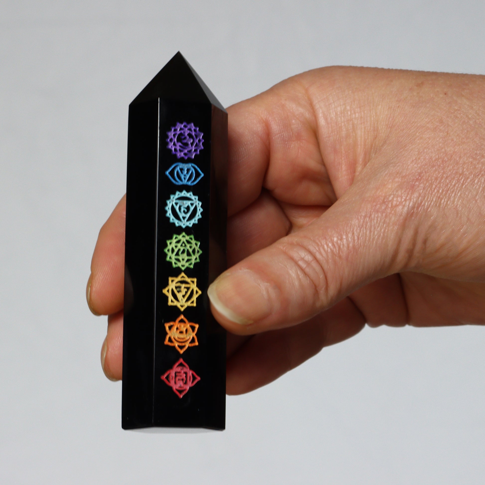 Natural Black Obsidian Crystal towers - generators - obelisks - with chakra design for sale.
Esoteric Spiritual gifts from our online Metaphysical store. 10 cm Sent from Melbourne, Australia. Free postage.