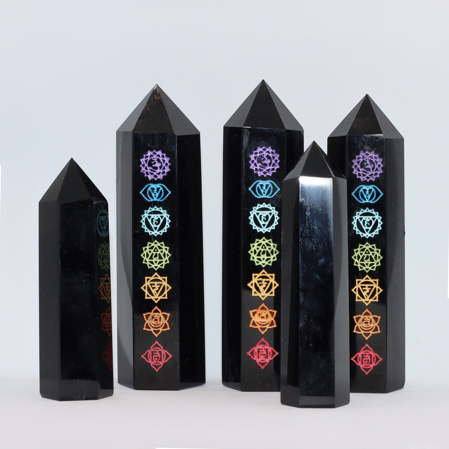 Natural Black Obsidian Crystal towers - generators - obelisks - with or without chakra art design for sale.
Esoteric Spiritual gifts from our online Metaphysical store. Sent from Melbourne, Australia. Free postage.