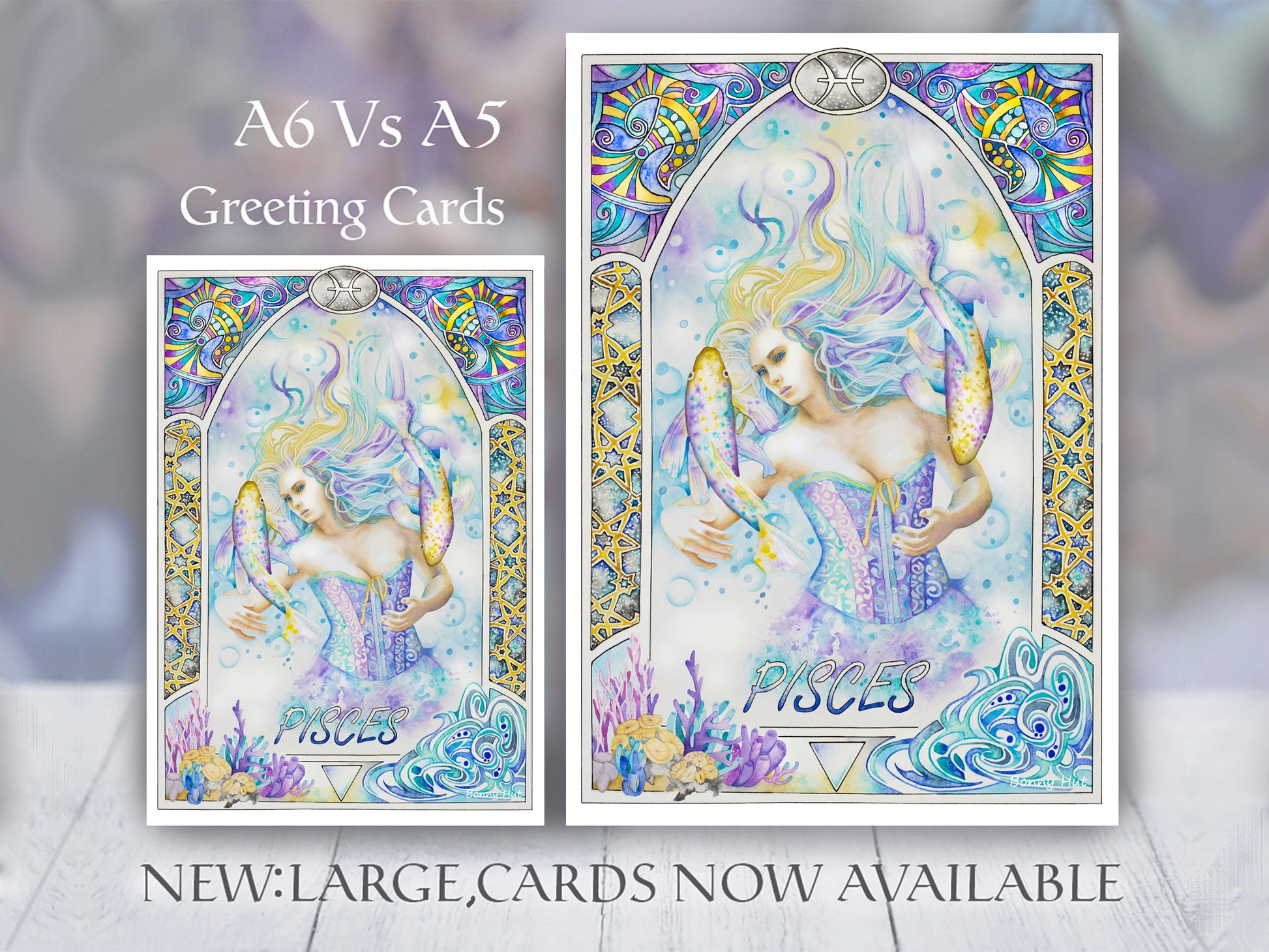Pisces Star sign Birthday Card. Zodiac Celestial Art Nouveau watercolor art folded cards with large A5 size and smaller A6 size.