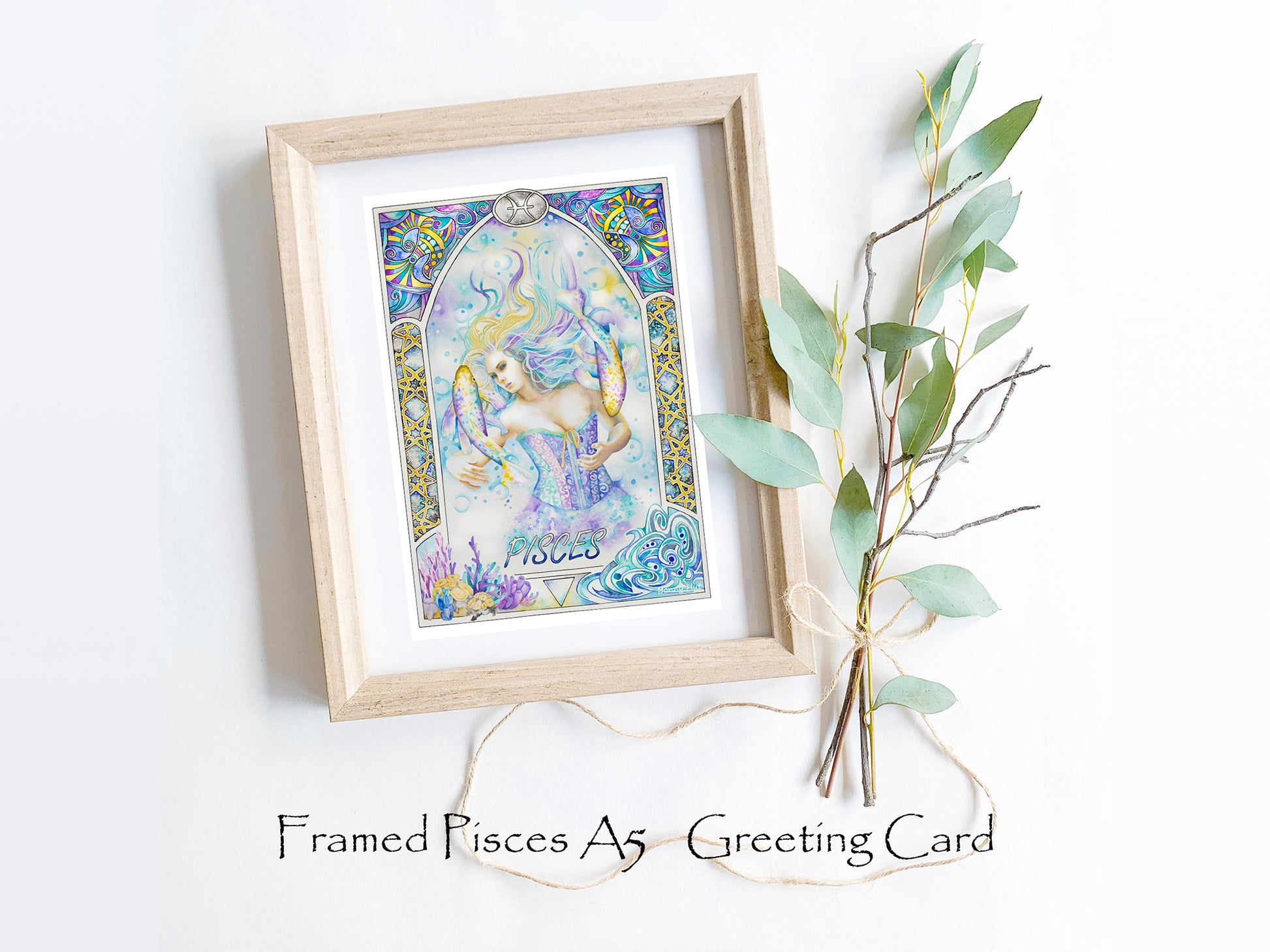 Pisces Star sign Birthday Card. Zodiac Celestial Art Nouveau watercolor art folded cards. Framed card.