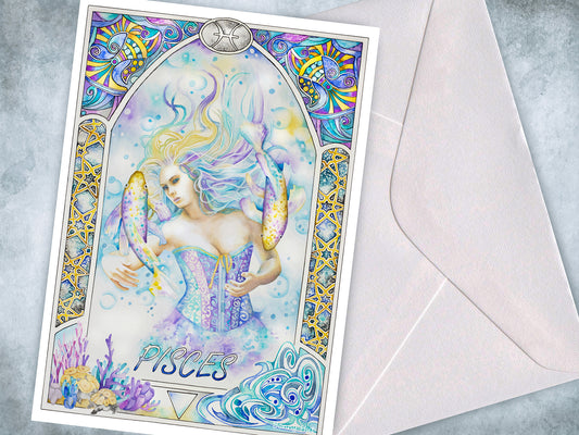 Pisces Star sign Birthday Card. Zodiac Celestial Art Nouveau watercolor art folded cards.