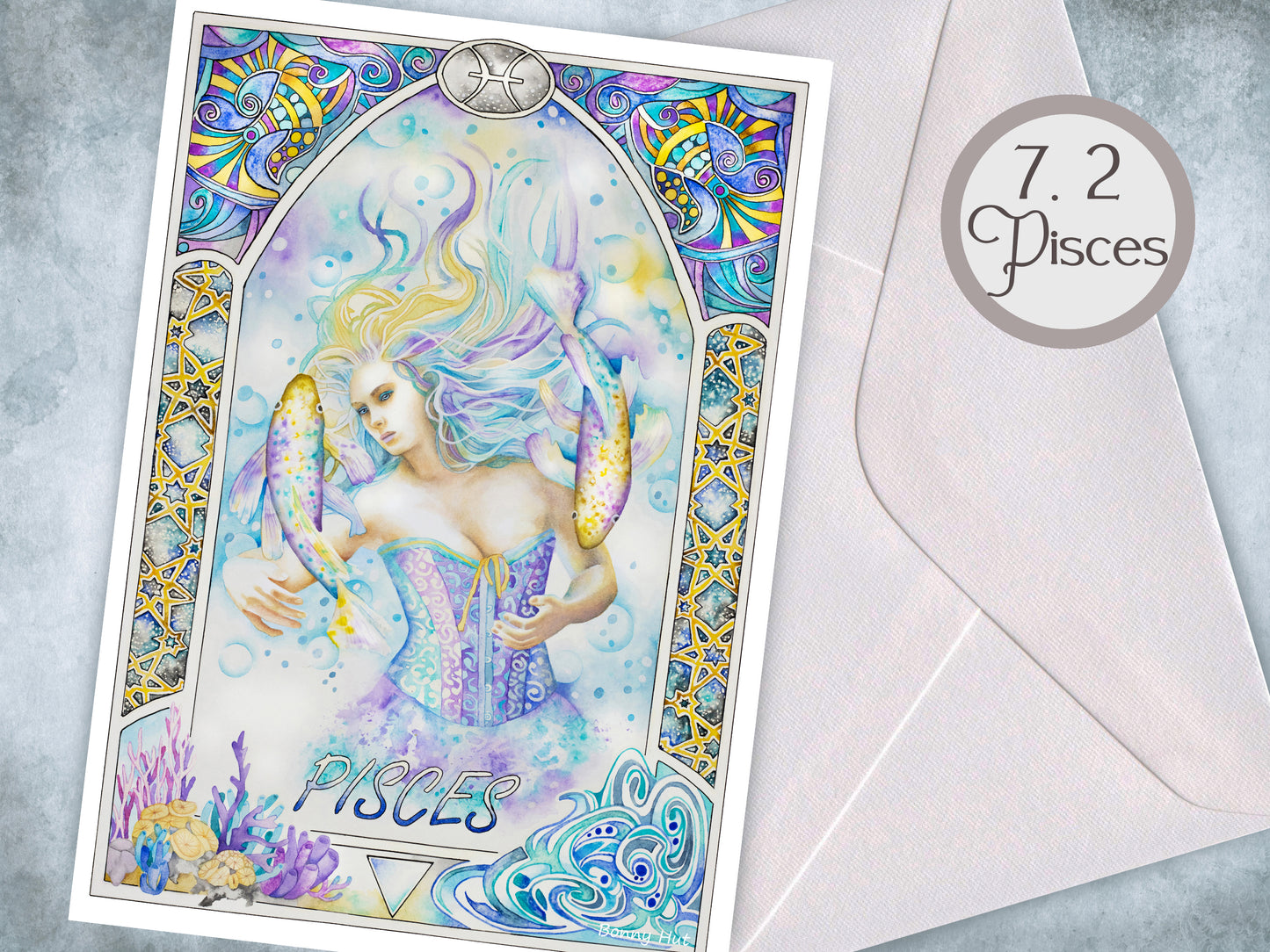 Pisces - 12 Star sign Birthday Card set. Zodiac Celestial Art Nouveau watercolor art folded cards pack or mixed option to choose from. 