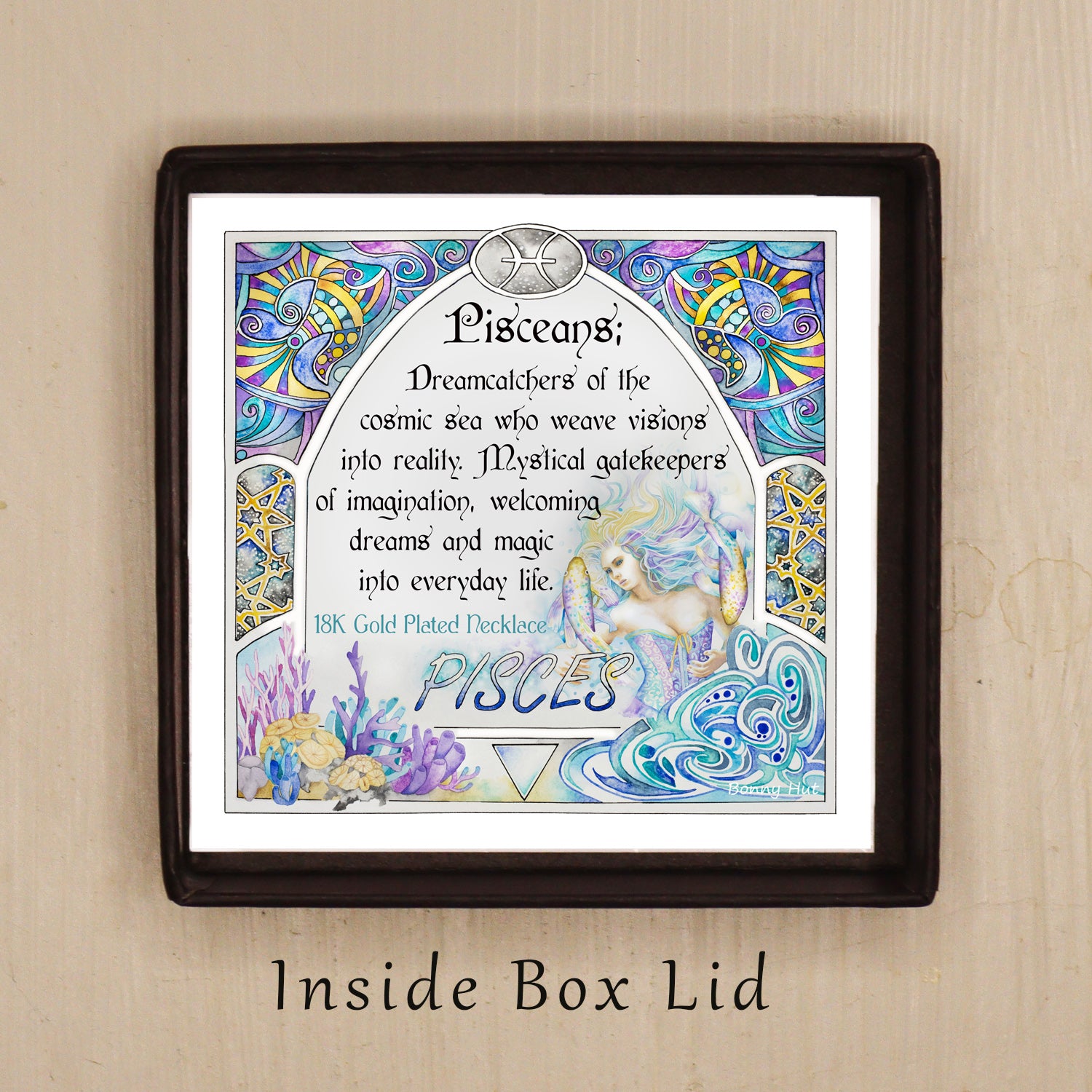 Pisces birthday gift necklace-pendant, Zodiac star-sign jewellery for horoscope and astrology lovers. Spiritual and esoteric gifts for her displayed here with a phrase on an art nouveau watercolor border.