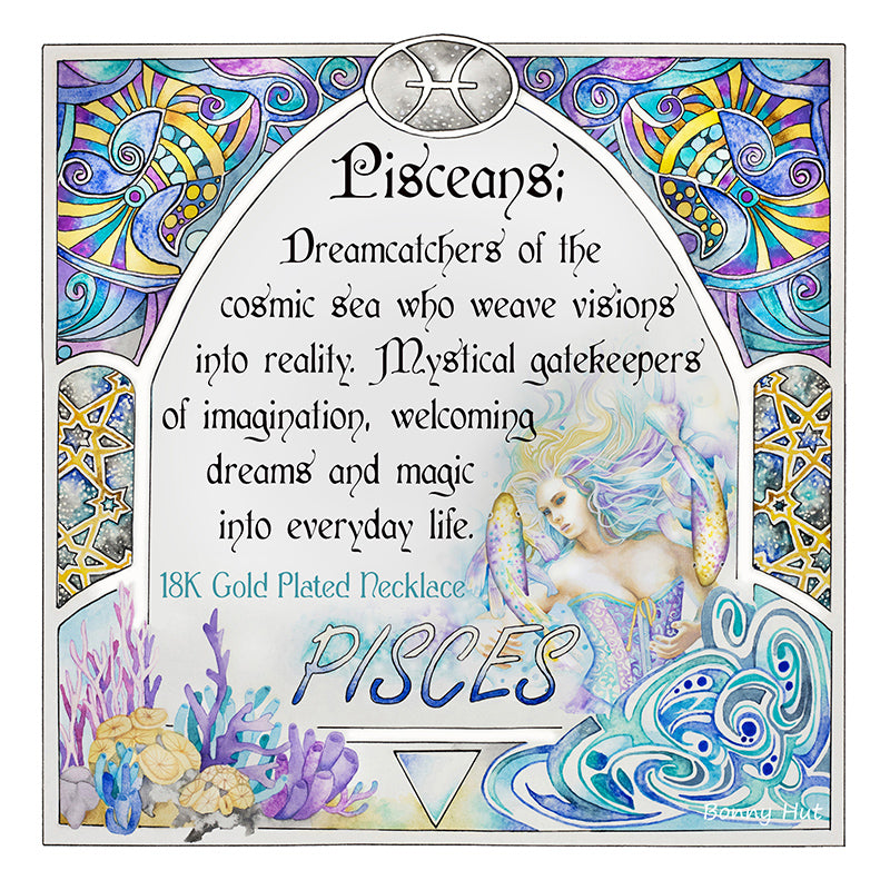 Pisces birthday gift necklace-pendant, Zodiac star-sign jewellery for horoscope and astrology lovers. Spiritual and esoteric gifts for her displayed here with an inpirational phrase on an art nouveau watercolor border.