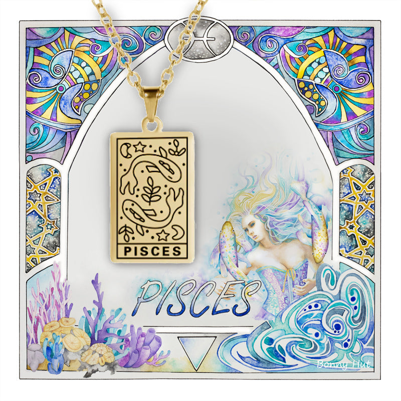 Pisces birthday gift necklace-pendant, Zodiac star-sign jewellery displayed with watercolor art border.