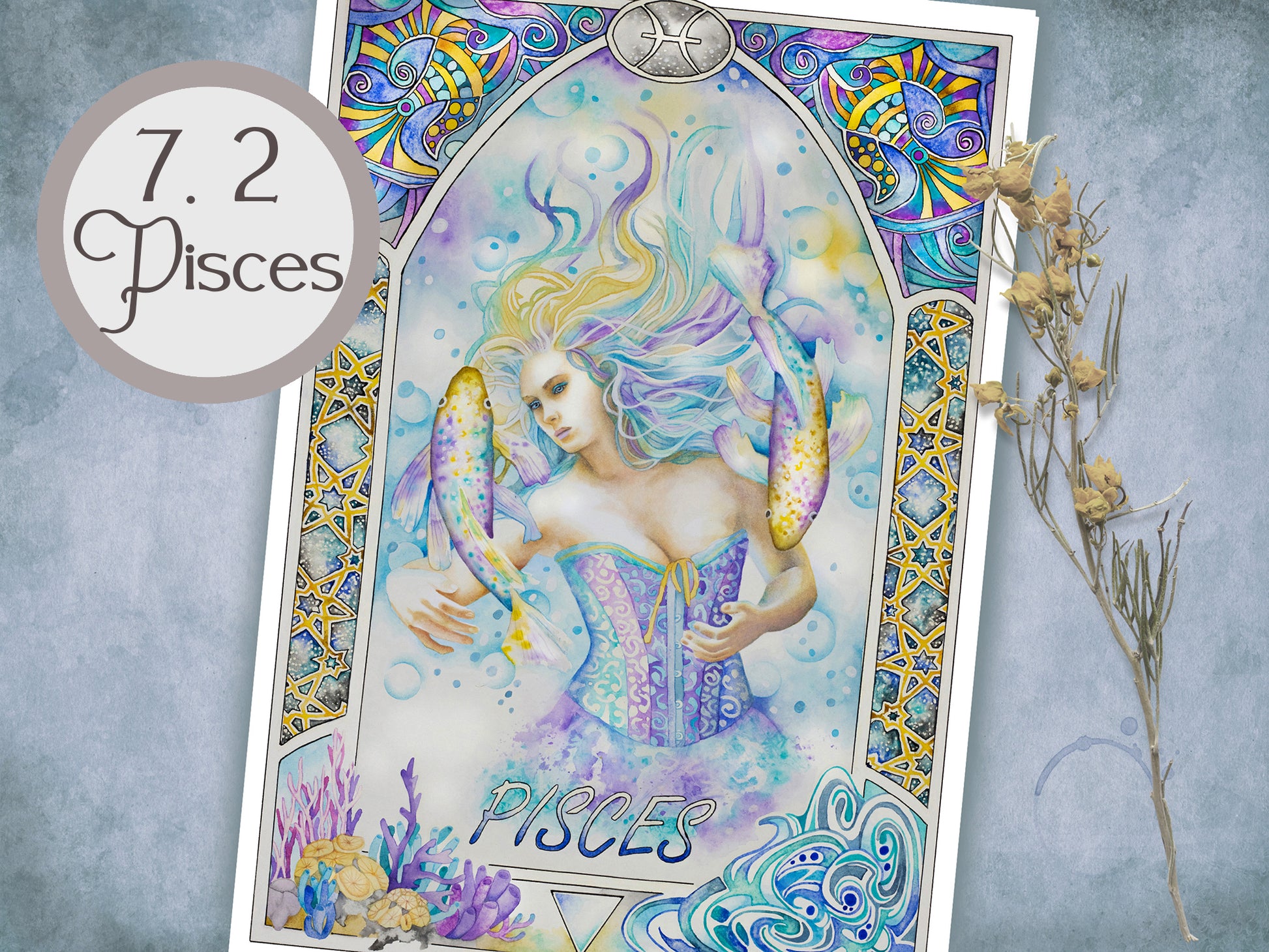 Pisces Celestial watercolor wall art prints for sale, Art Nouveau Zodiac Star Sign birthday gifts from our Metaphysical store.