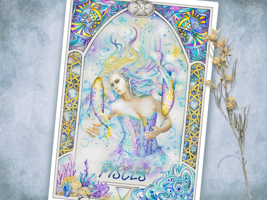 Pisces watercolor wall art prints for sale, Art Nouveau Zodiac Star Sign birthday gifts from our Metaphysical store.