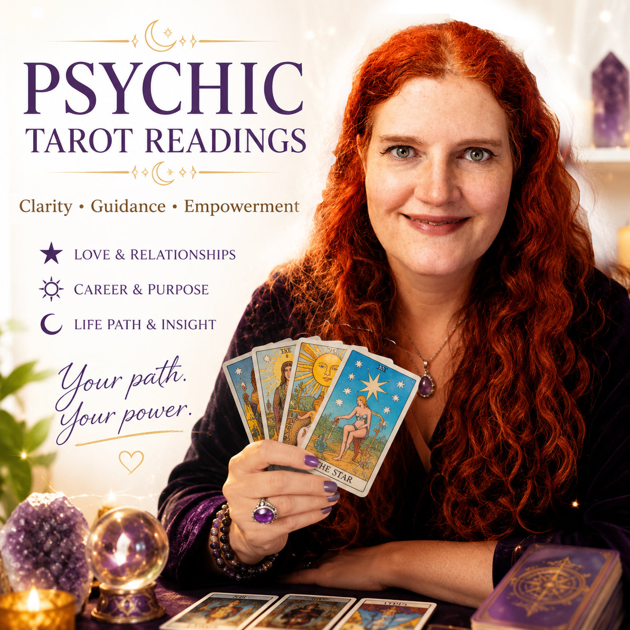 A woman with long red hair holds a fan of tarot cards, with more tarot cards and crystals on a table in front of her. Large text on the left reads 'PSYCHIC TAROT READINGS' with bullet points about clarity, guidance, empowerment, love and relationships, career and purpose, and life path and insight.