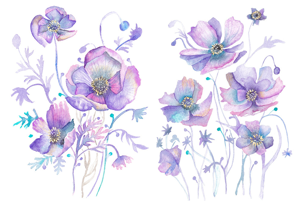Colorful floral design with purple and blue tones on a white background. Wiccan, pagan clipart instant download from hand-painted watercolor paintings. Great for journals pagan products, book of shadows and creating your own witch gifts. 