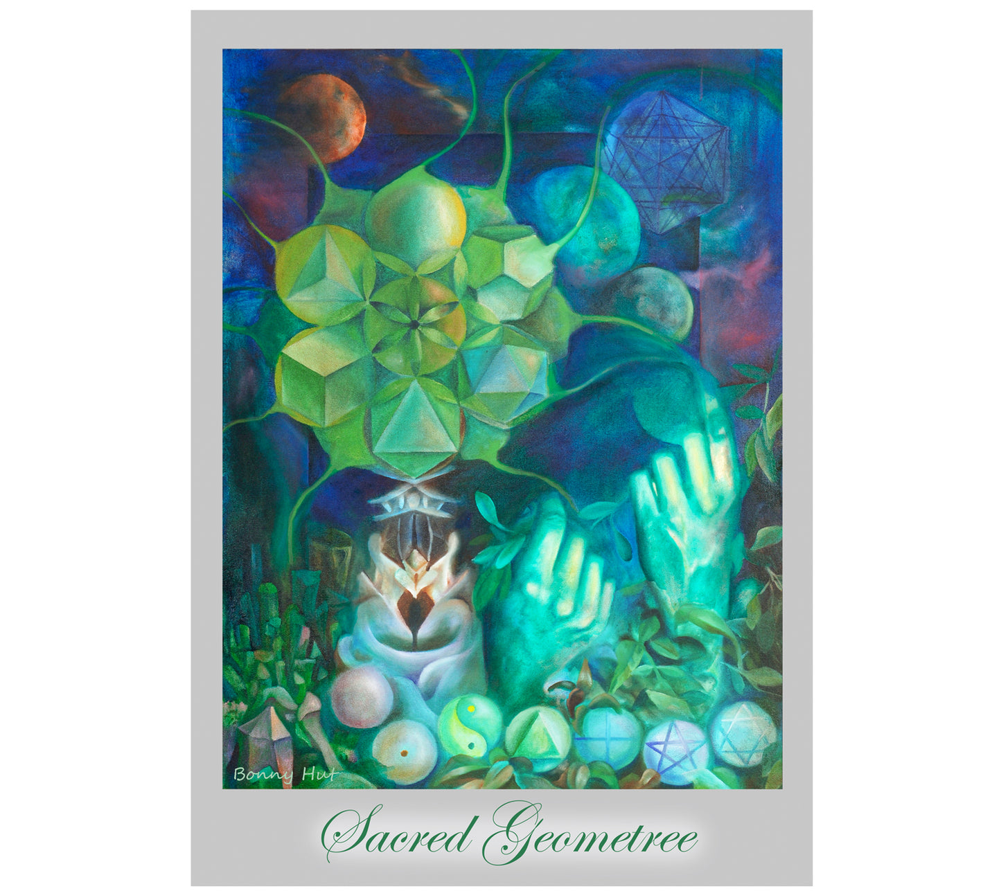 Sacred Geometry surreal A3 wall art print, surreal Esoteric-Metaphysical decor gift. Reproduced from an original oil painting  in shades of blue and green. 