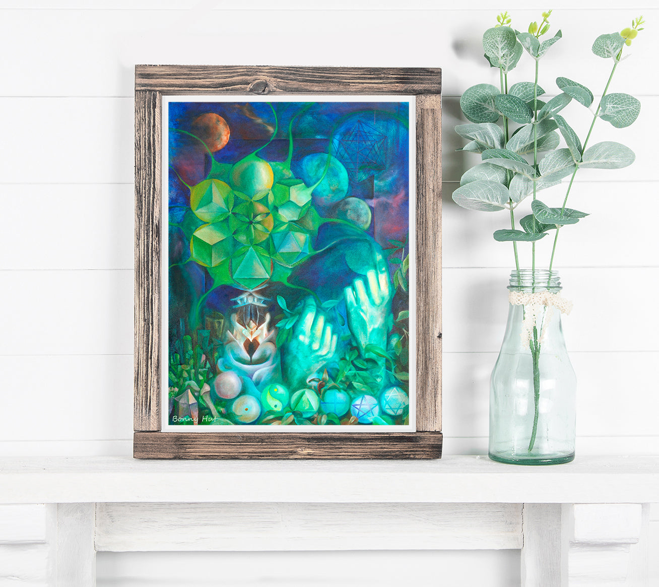 Sacred Geometry surreal wall art print, surreal Esoteric-Metaphysical decor gift. Reproduced from an original oil painting  in shades of blue and green. 