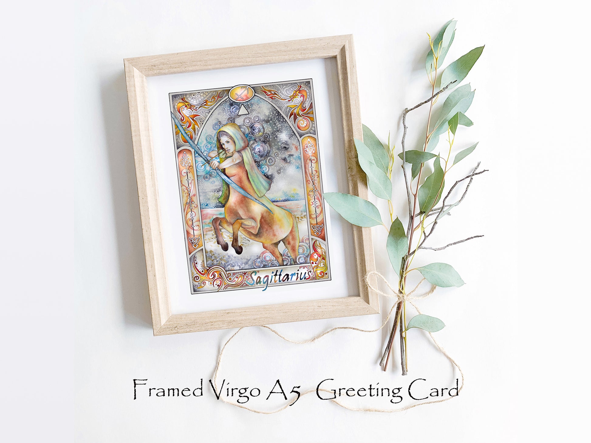 Sagittarius Star sign Birthday Card in a frame.  Zodiac Celestial Art Nouveau watercolor art folded cards.