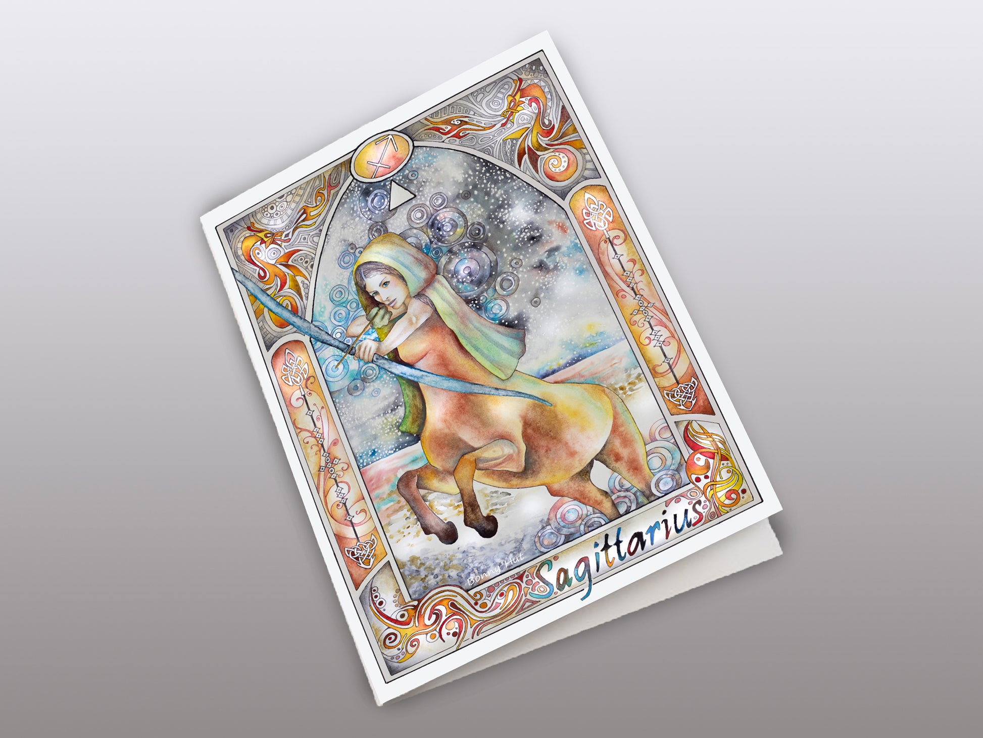 Sagittarius Star sign Birthday Card with archer and centaur. Zodiac Celestial Art Nouveau watercolor art folded cards.