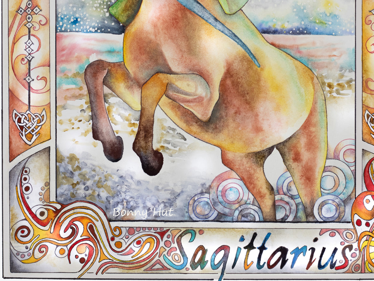 Sagittarius Star sign Birthday Card. Zodiac Celestial Art Nouveau watercolor art folded cards. Bottom detail of the centaur horse. 