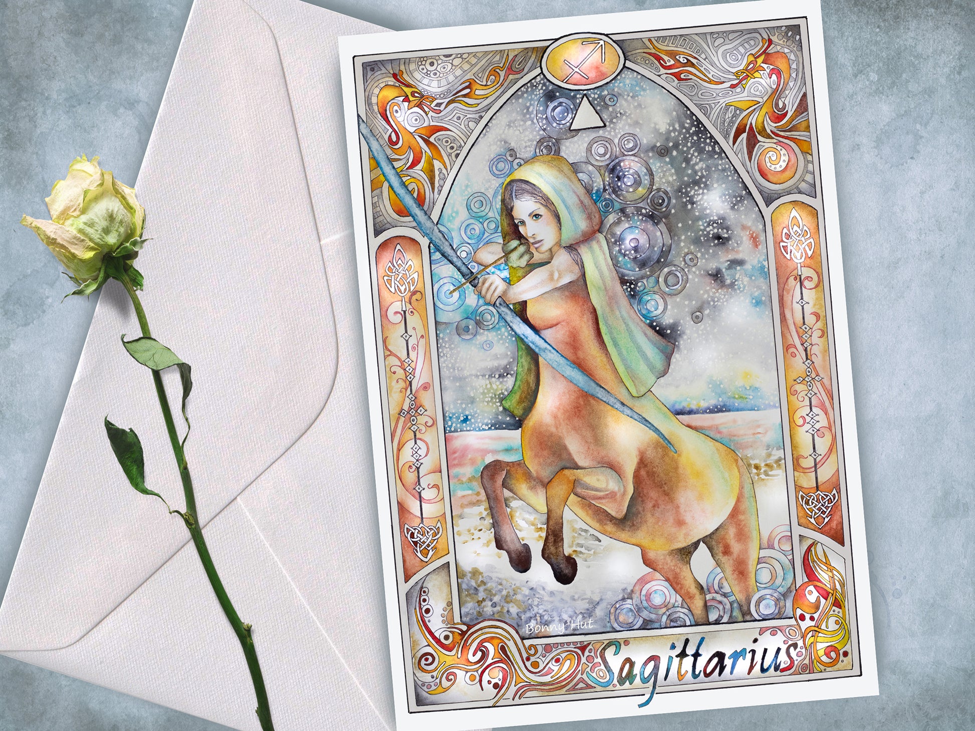 Sagittarius Star sign Birthday Card. Zodiac Celestial Art Nouveau watercolor art folded cards.