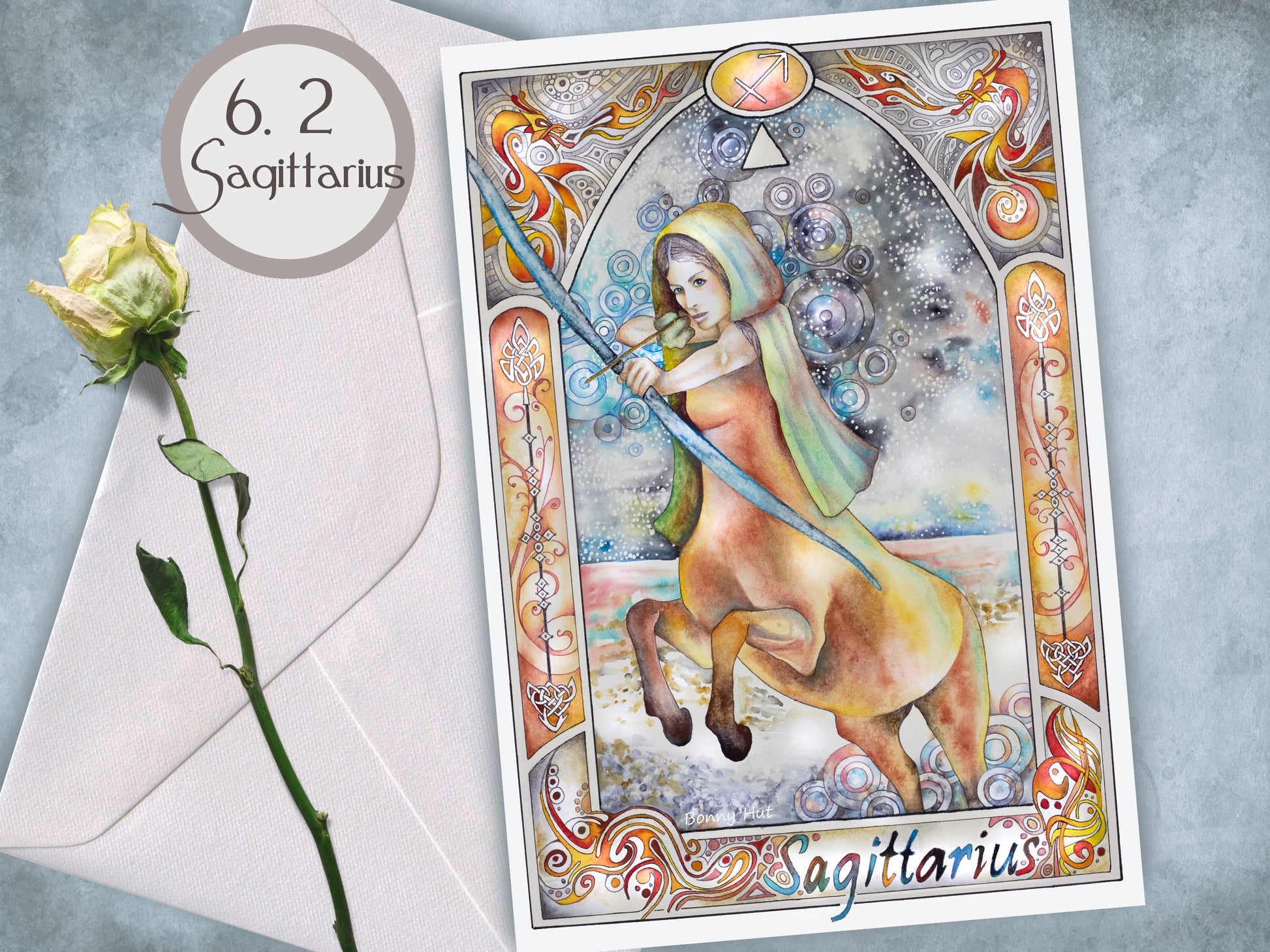 Sagittarius - 12 Star sign Birthday Card set. Zodiac Celestial Art Nouveau watercolor art folded cards pack or mixed option to choose from. 