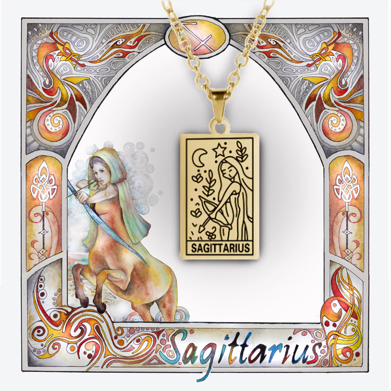 Sagittarius birthday gift necklace-pendant, Zodiac star-sign jewellery for horoscope astrological lovers. Spiritual esoteric gifts for her. Displayed in a art nouveau watercolor border. 